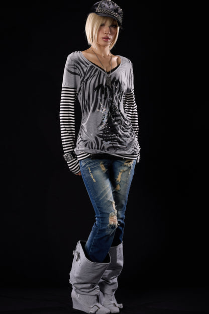 Zebra Print Layered-Look Long Sleeve T-Shirt