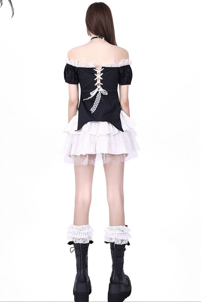 Detachable Dark Lolita Off-Shoulder Bow Top and Skirt Set