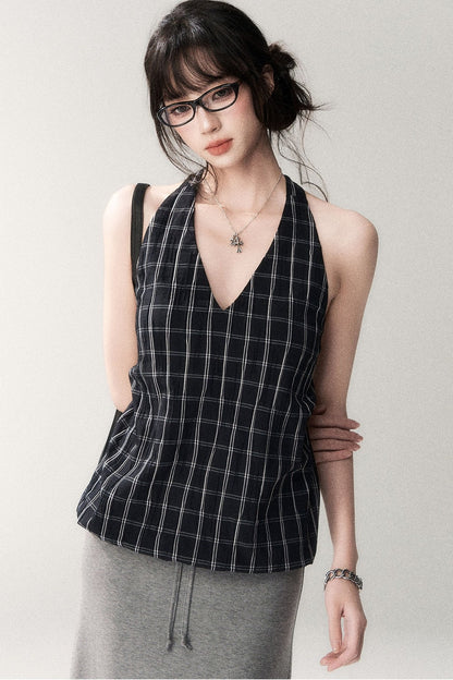 Textured Cotton Plaid Halter Camisole