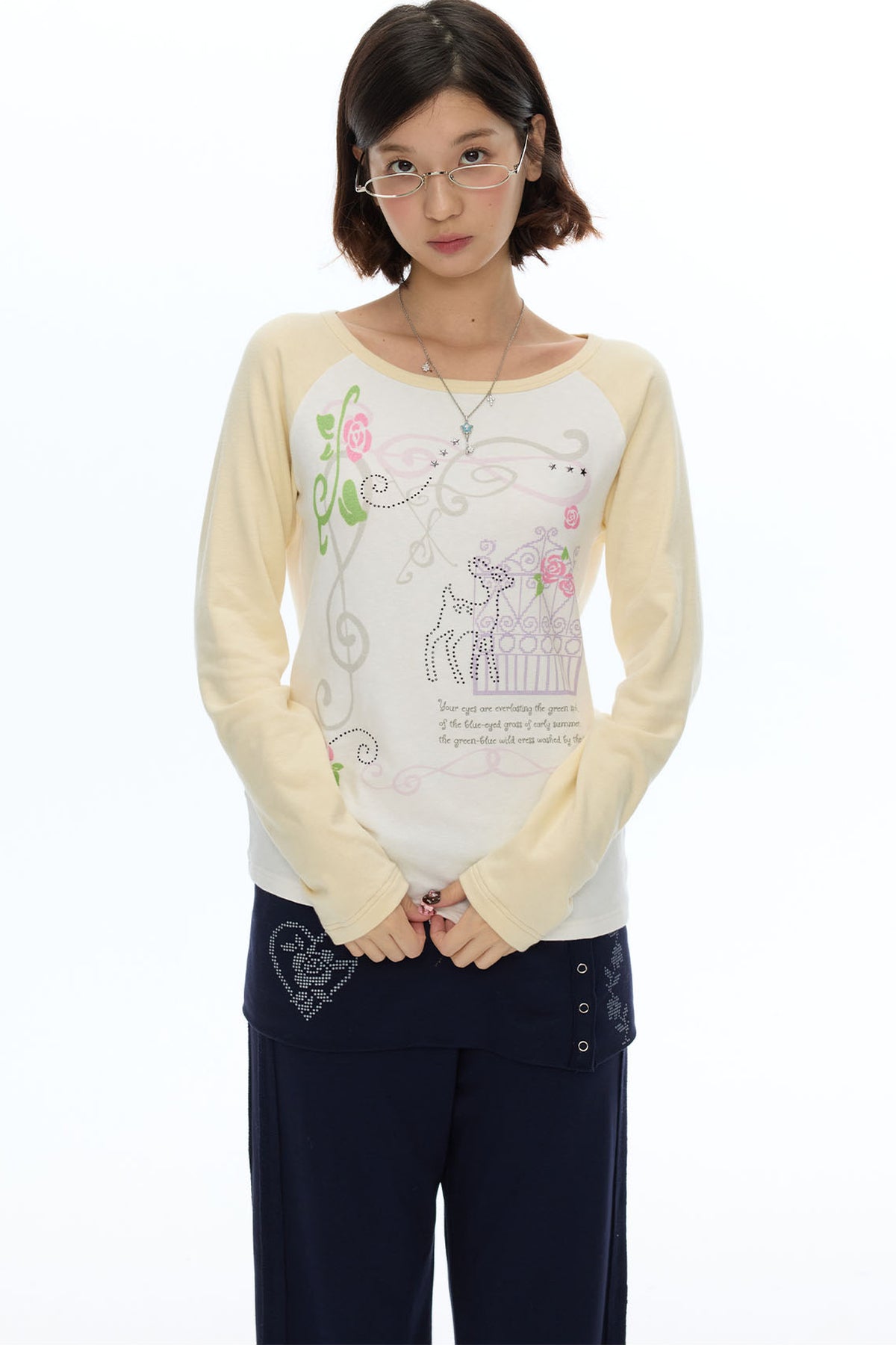 Deer Rose Print Long Sleeve Raglan Tee