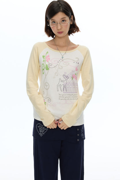 Deer Rose Print Long Sleeve Raglan Tee