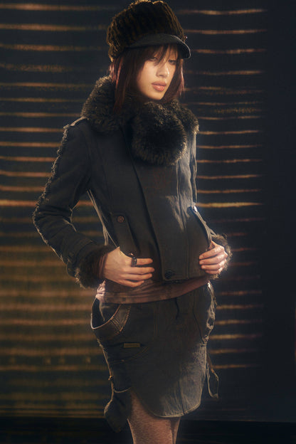 Set aus Jacke mit Used-Optik und Pelzkragen und kurzem Rock