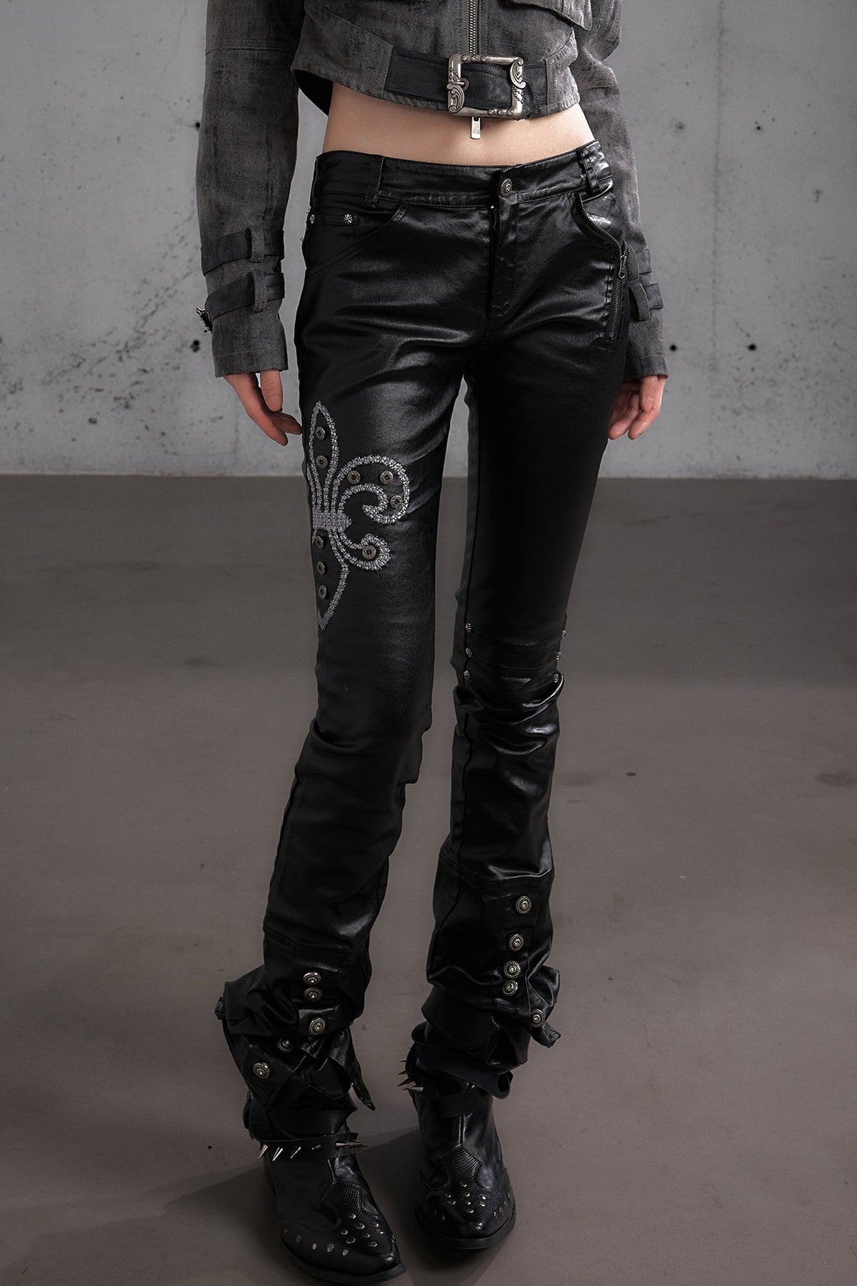 Punk Rock Embroidered Waxed Leather Pants
