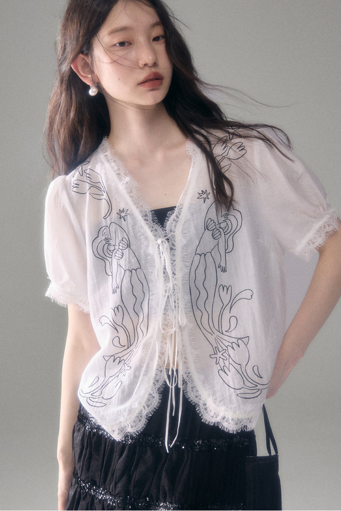 Mermaid Print Tencel Linen Short-Sleeve Shirt