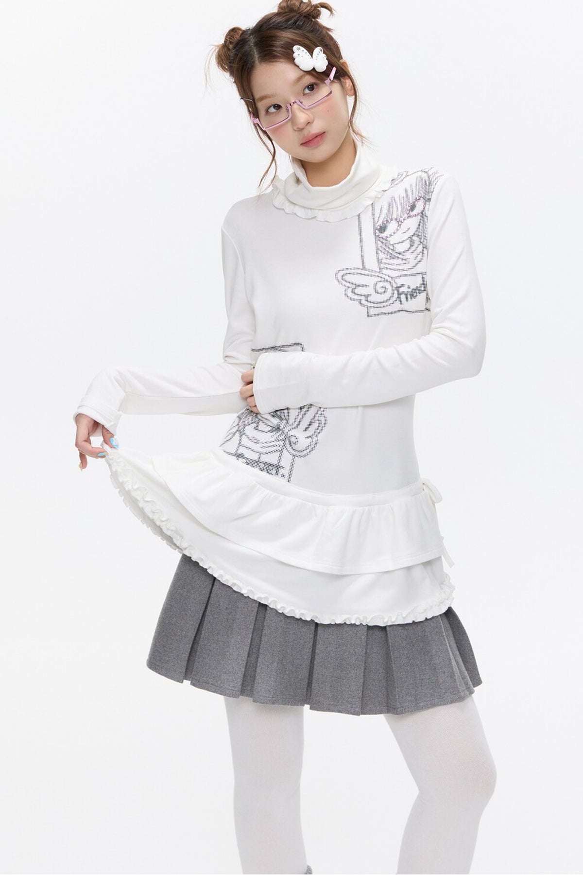 White Half-Turtleneck Printed Top