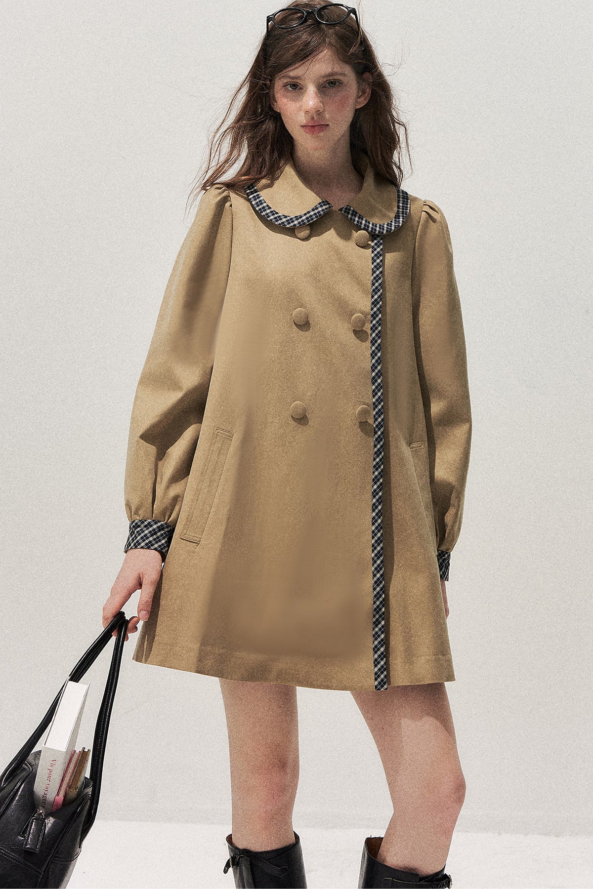 Doll Collar Double-Breasted Plaid Trench Coat