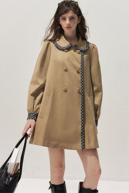 Doll Collar Double-Breasted Plaid Trench Coat