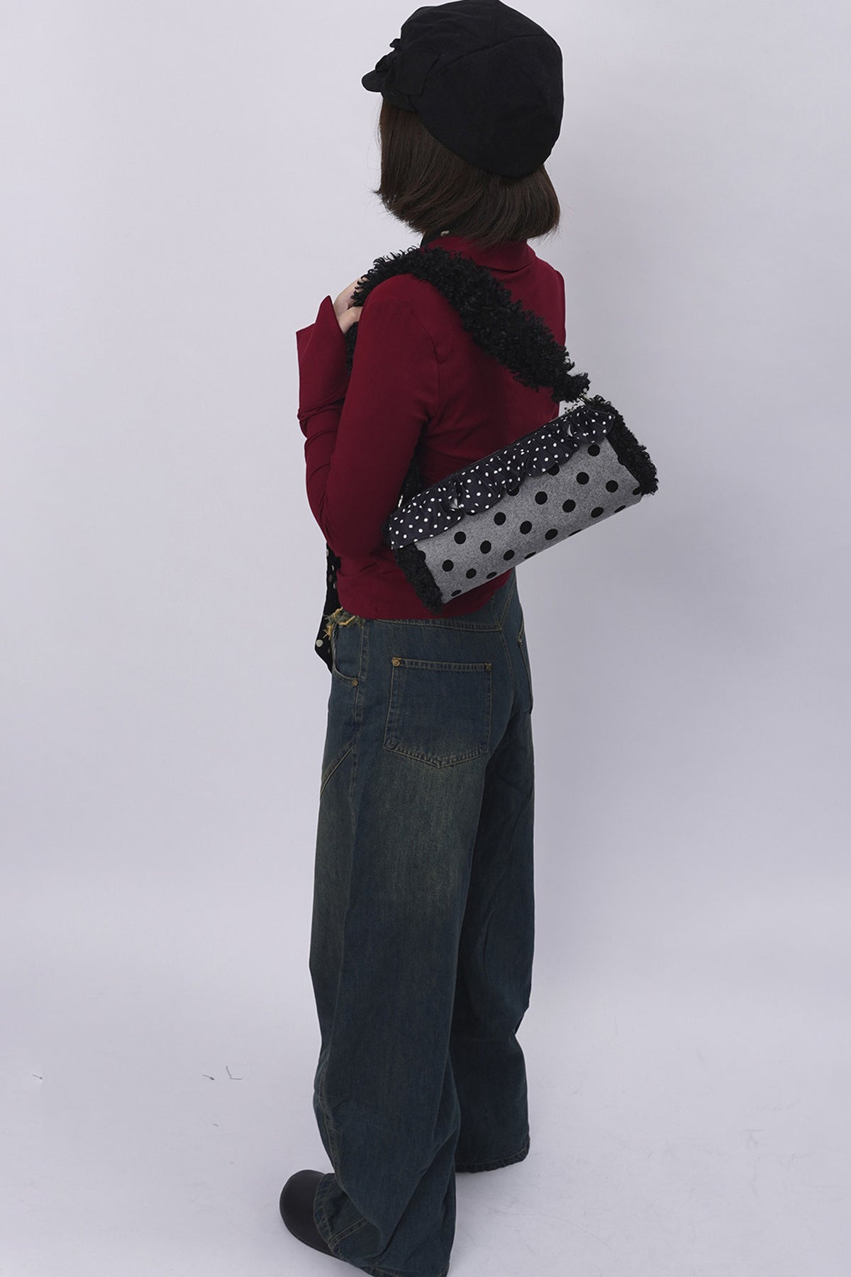 Polka Dot Ruffled Cylinder Bag
