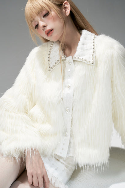 Snow Mountain Silver-White Long-Haired Fur Coat and Skirt Set-Up