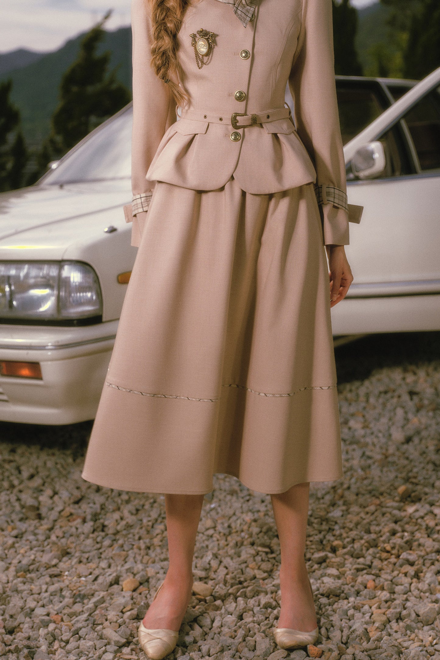Khaki Trench Coat and Skirt Set-Up