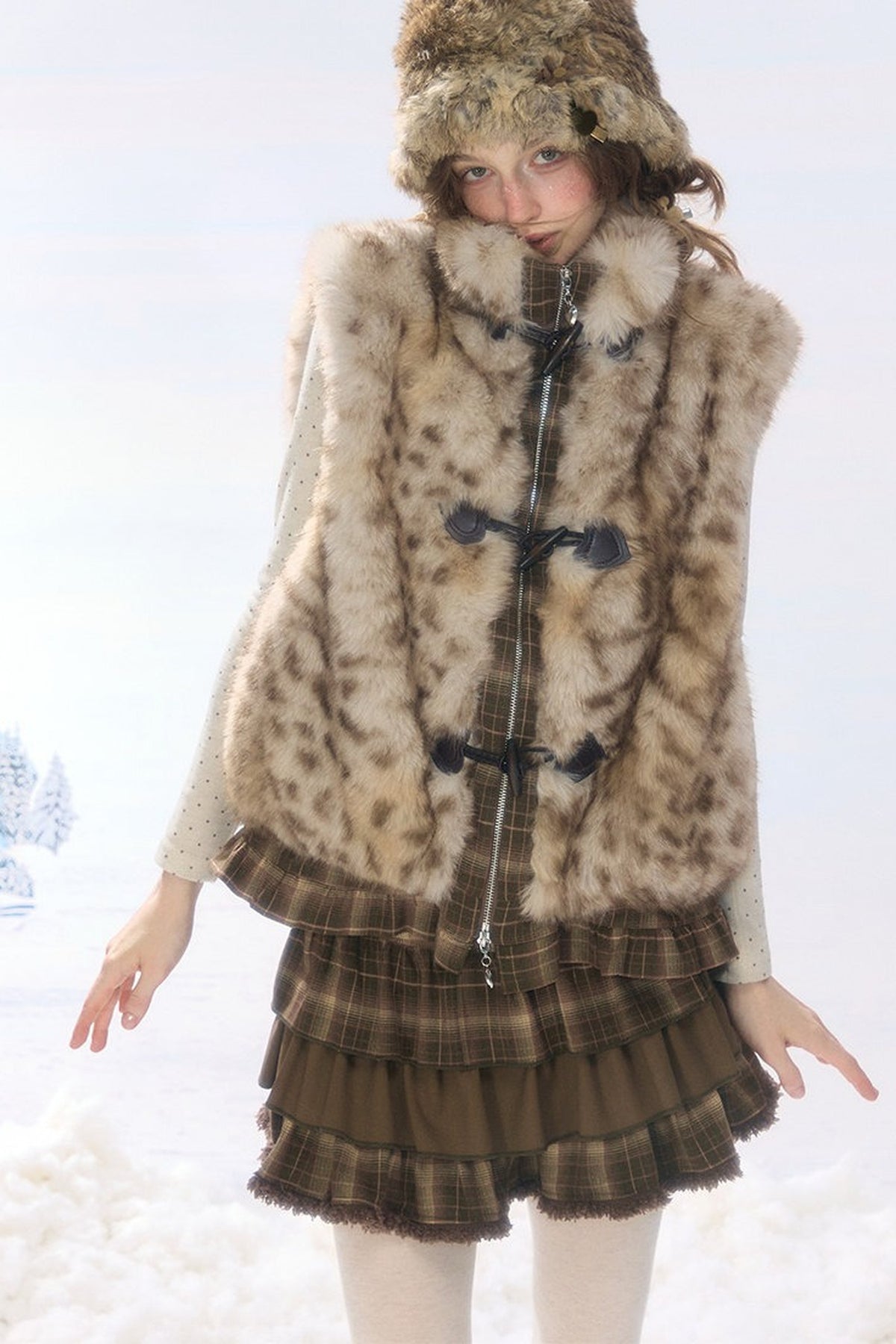 Plush Patchwork Plaid Leopard Horn Button Jacket