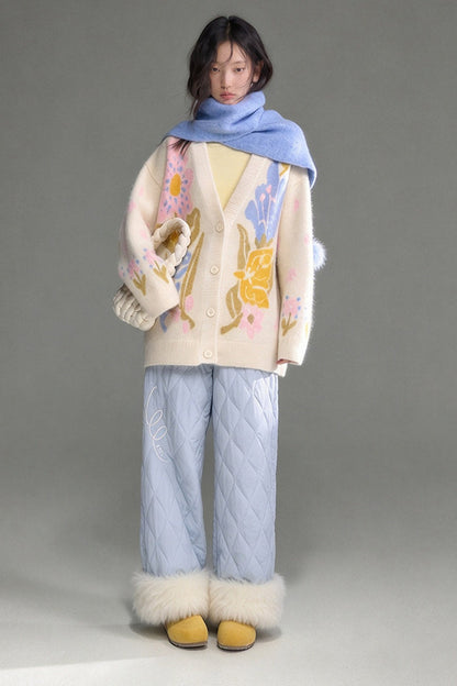 Ear-Flap Bird Tulip Jacquard Wool Cardigan