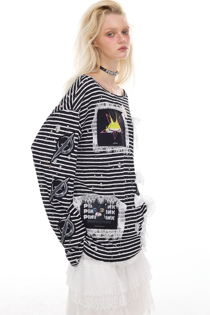 Rock Frog Striped Lace Trim T-Shirt