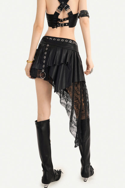 Ensemble jupe asymétrique punk en cuir noir avec empiècements