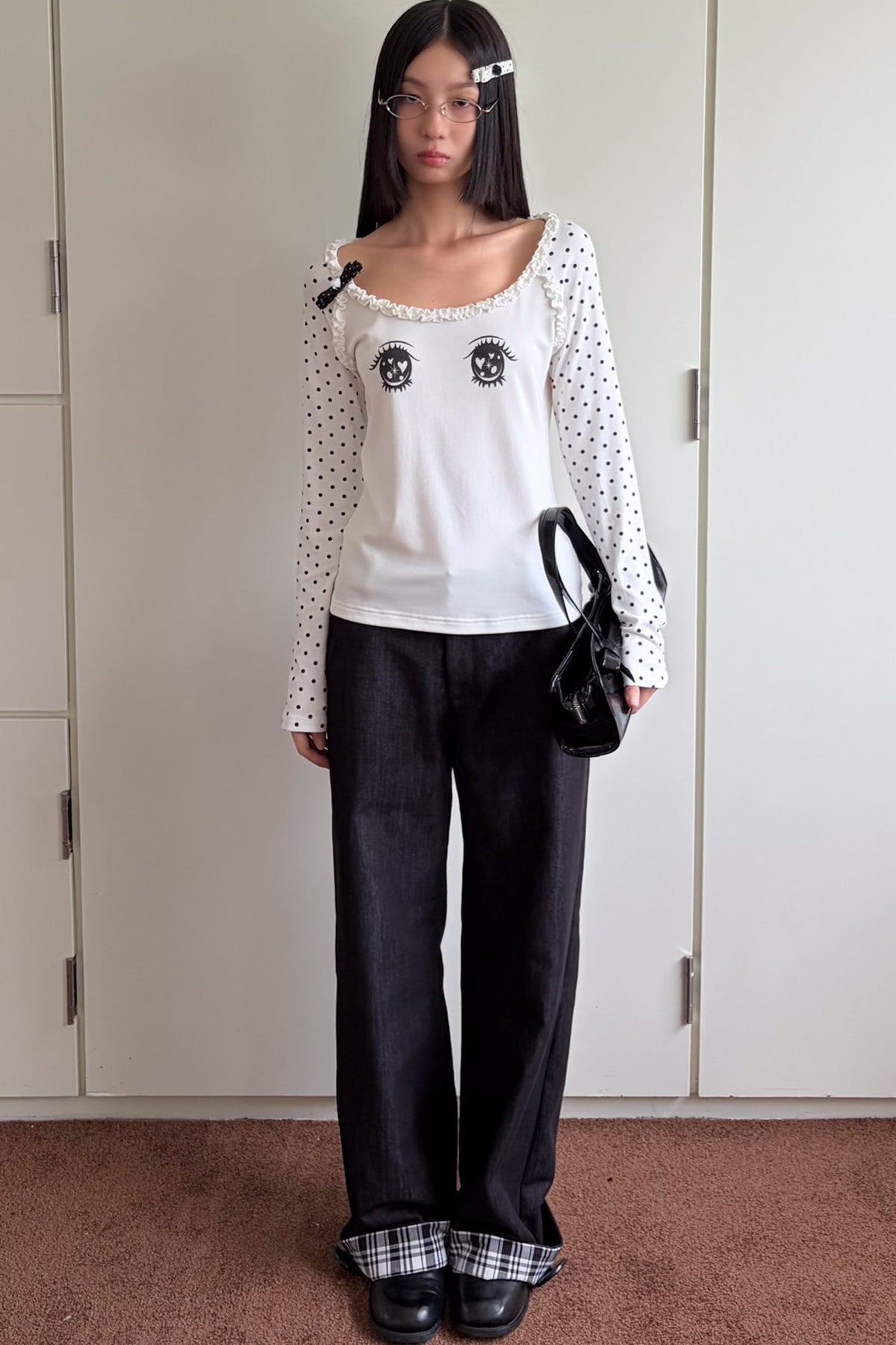 Polka Dot Eye Print Long Sleeve Top