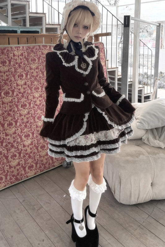 Brown Velvet Lace Blazer and Skirt Set-Up