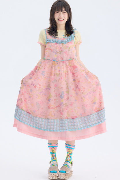 Robe en résille à bretelle asymétrique avec imprimé lapin rose