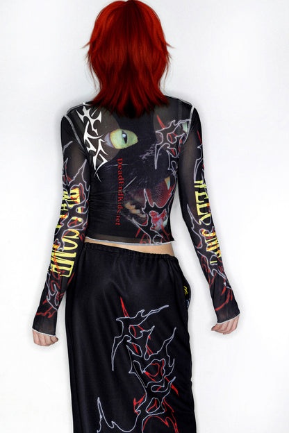 Y2K Graphic Long Sleeve Mesh Top