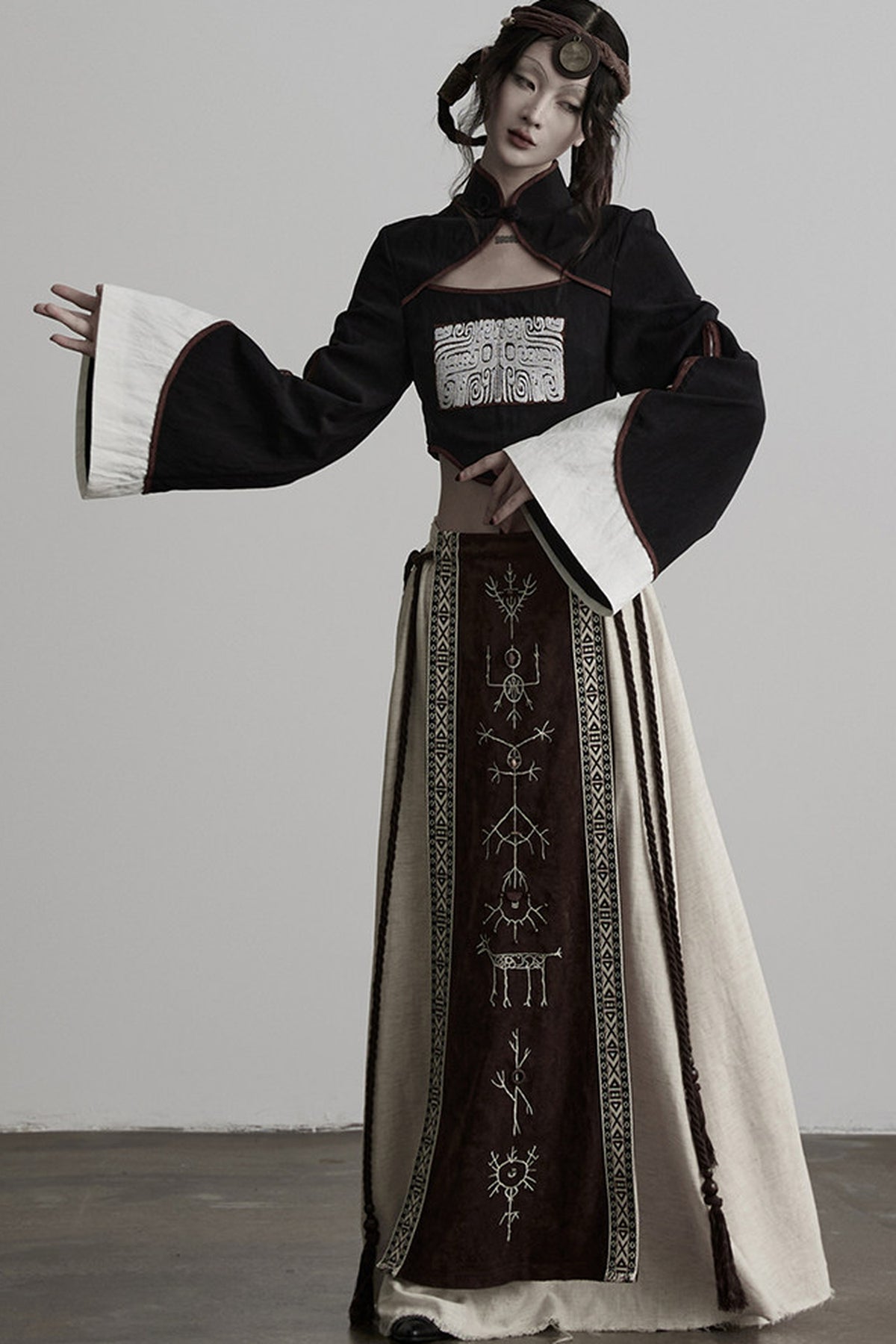 Embroidered Suede Panel Skirt