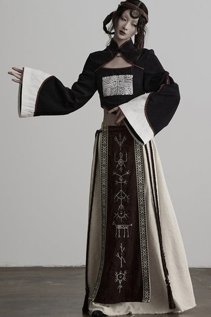 Embroidered Suede Panel Skirt