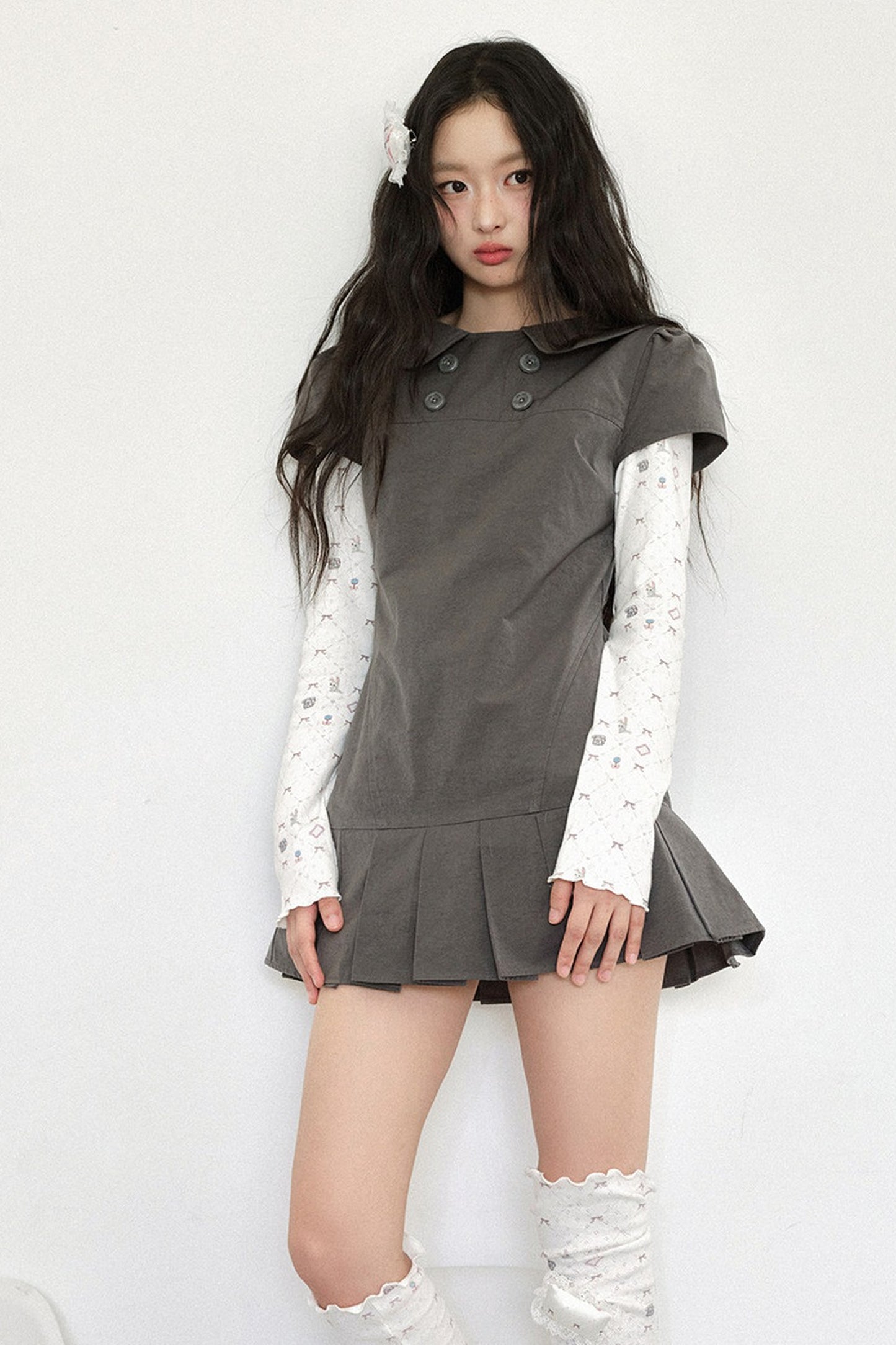 Gray Low-Waist Double-Breasted Patchwork Pleated Dress