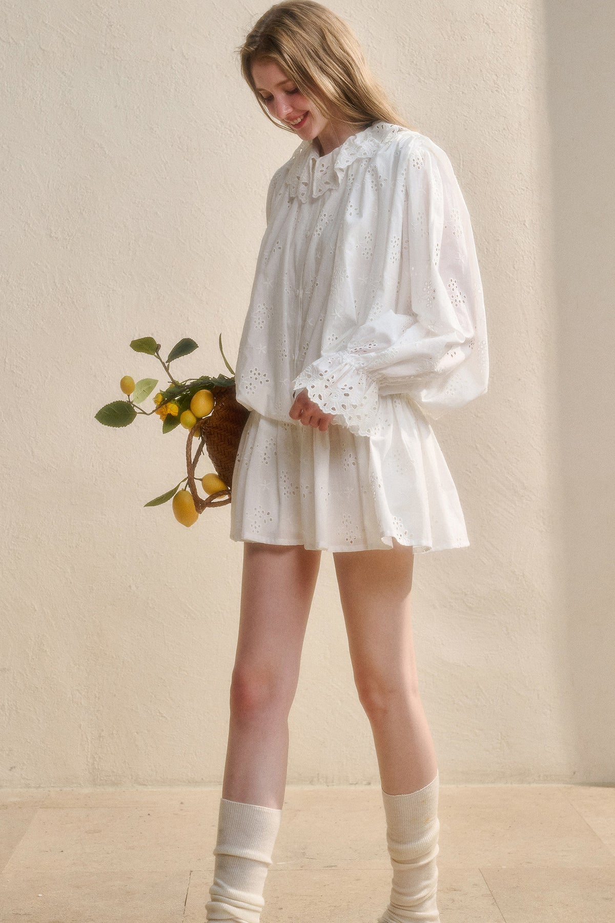 Long-Sleeved Cotton Embroidered Shirt Dress