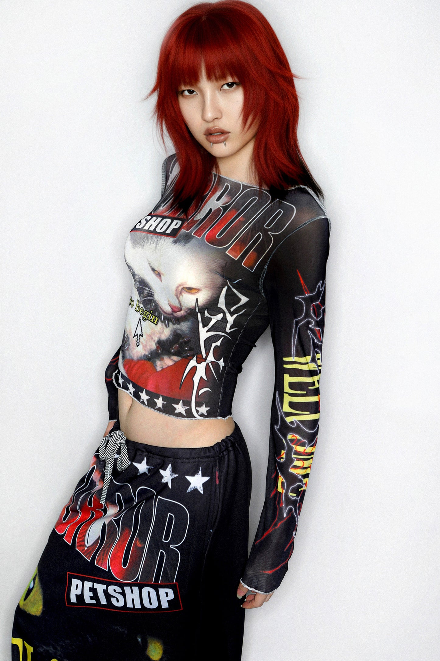 Y2K Graphic Long Sleeve Mesh Top