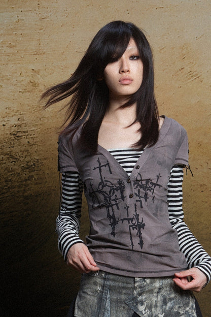 Cross Print Layered-Look V-Neck T-Shirt