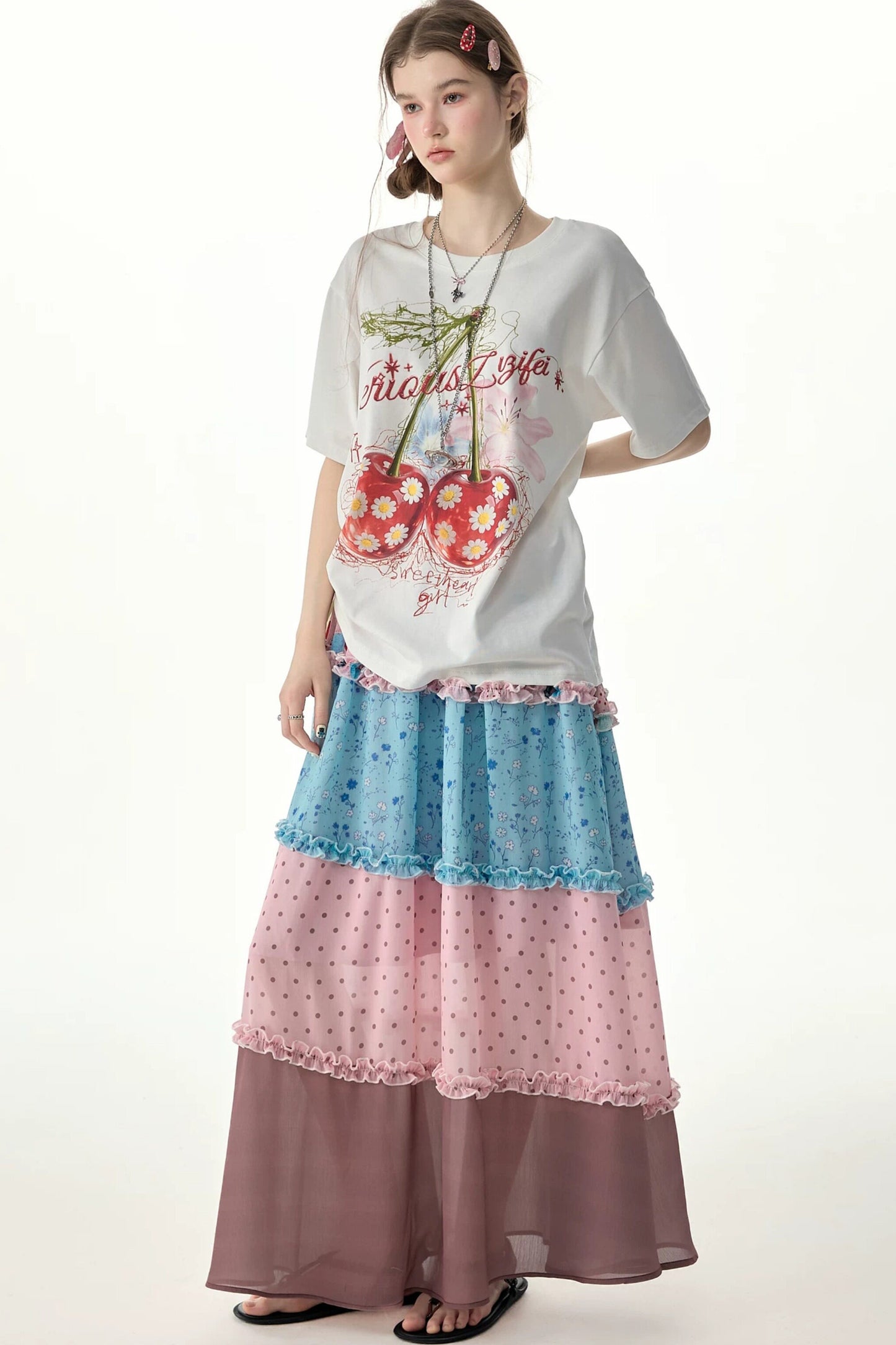 Pink Floral Polka Dot Tiered Maxi Skirt