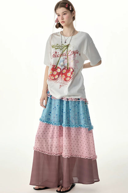 Pink Floral Polka Dot Tiered Maxi Skirt