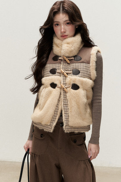 Retro Plaid Faux Fur Toggle Vest