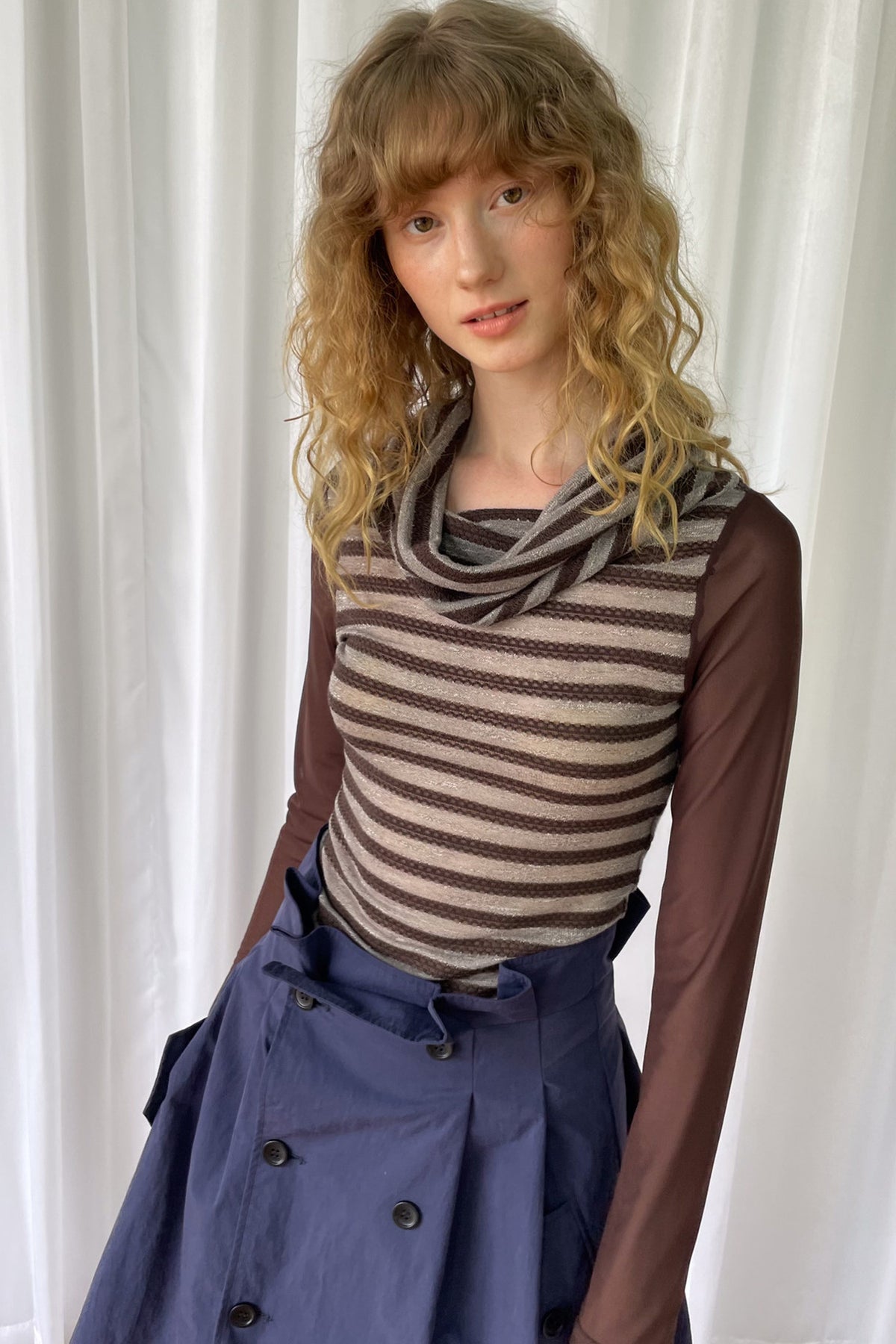 Spliced Striped Cowl Neck Long-Sleeve Blouse