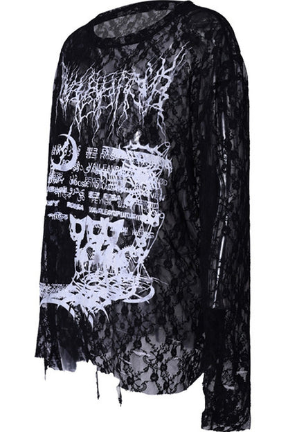 Loose Ripped Lace Cat Print Tee