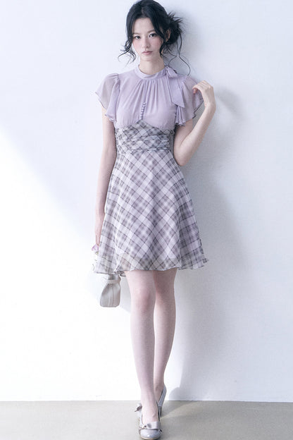 Lavender Plaid Flutter Sleeve Dress