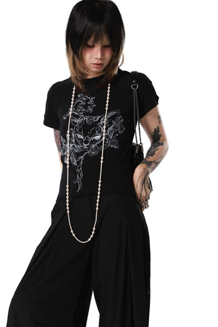 Tee-shirt raglan à imprimé chat et lys baroque