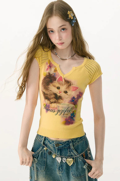 Warm Yellow Cat Print Knit T-Shirt