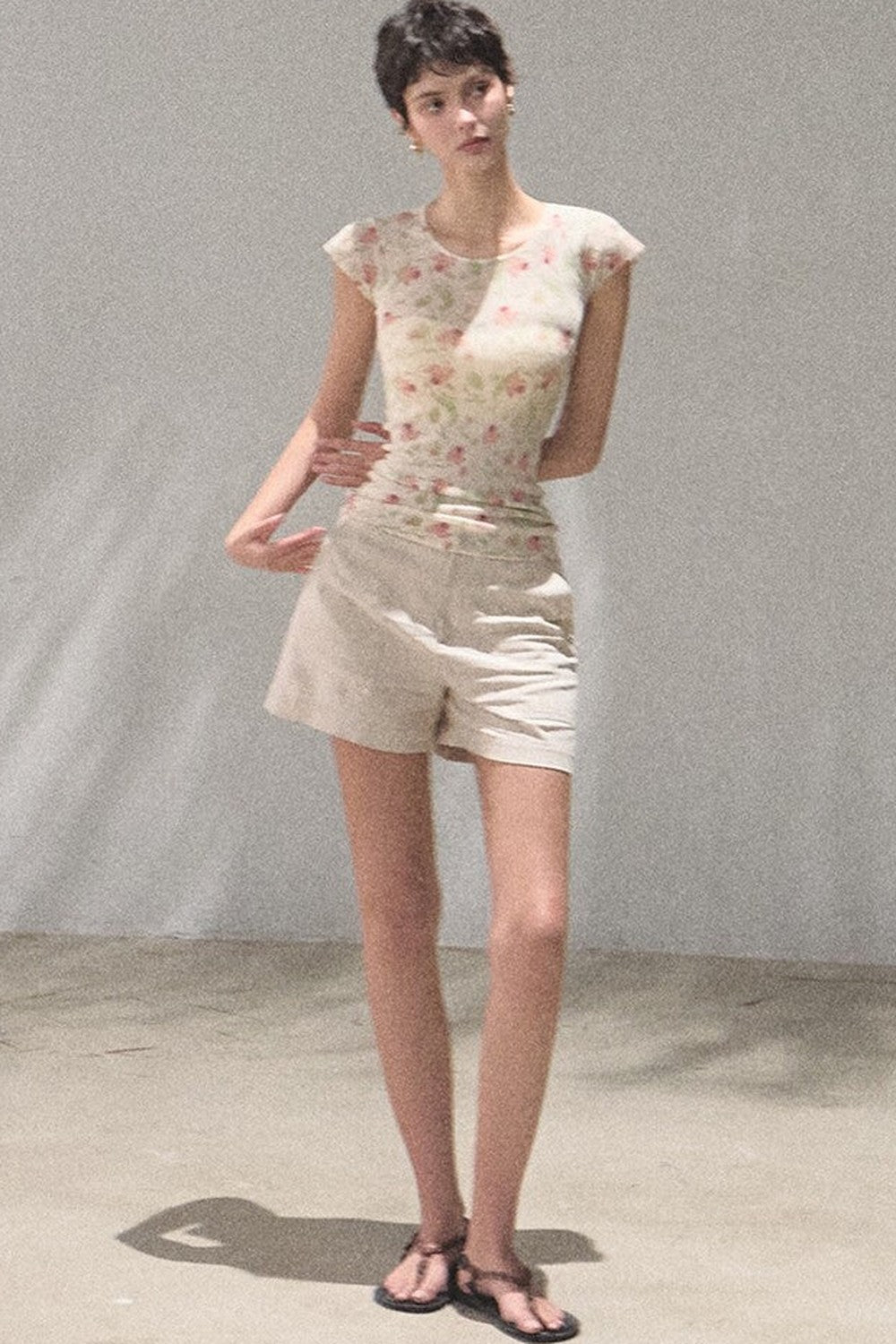 Linen Floral Cinched Top