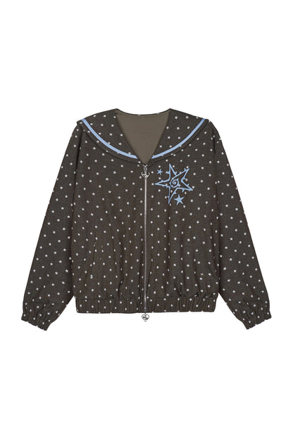 Brown Blue Swirl Star Navy Collar Jacket Set-Up