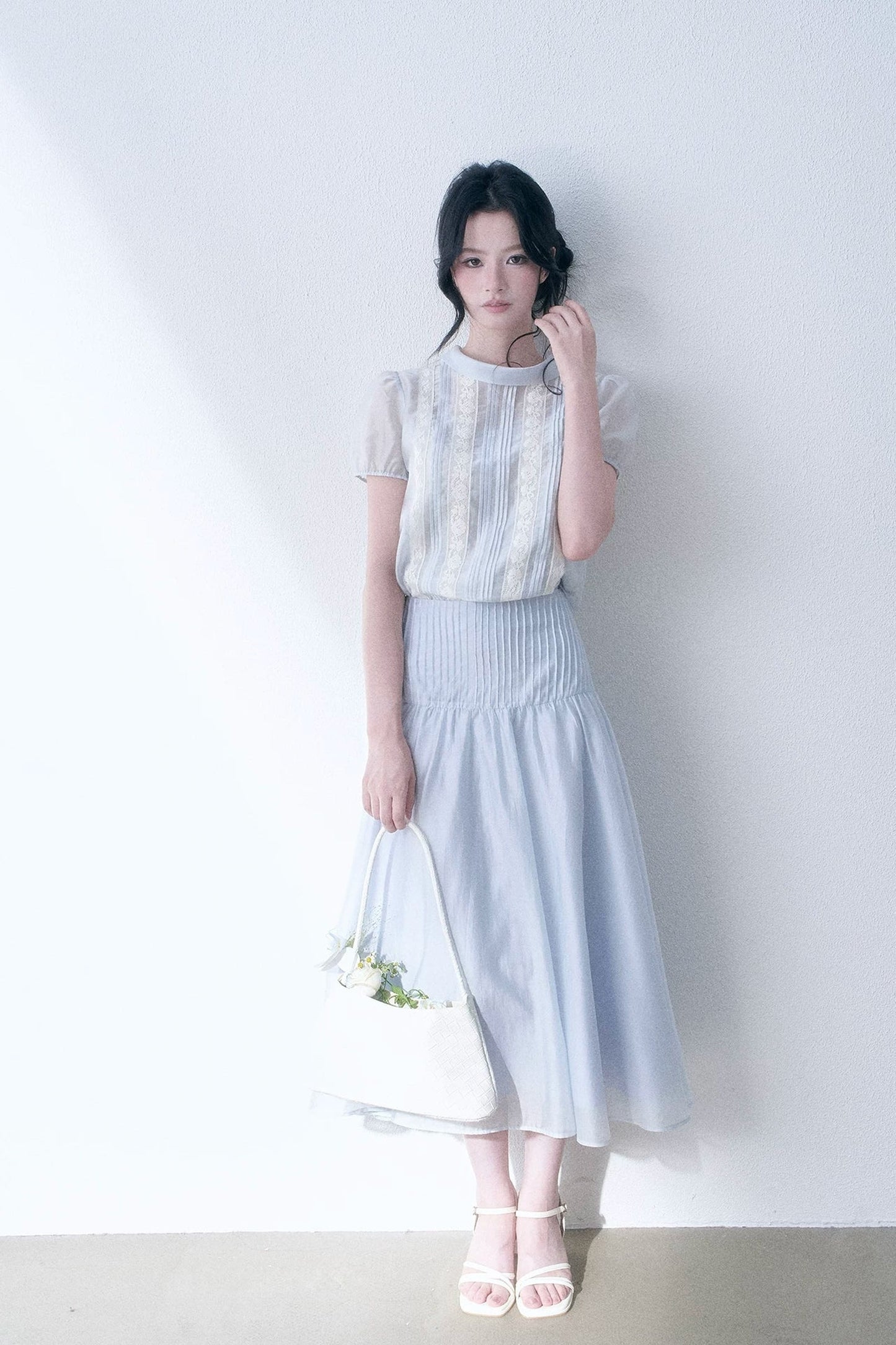Lace Spliced Tencel Top and Skirt Set