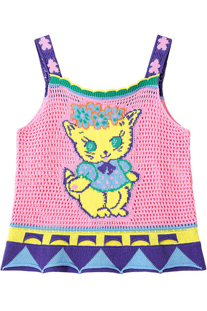Gilet en maille ajourée à motif chaton rose