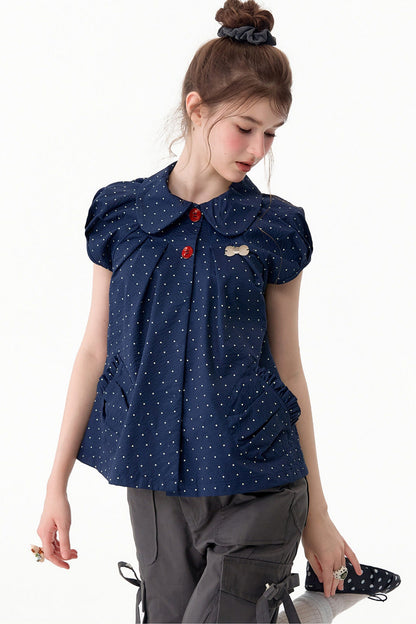 Camicia blu scuro a pois con colletto Peter Pan