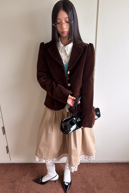 Brown Notch Lapel Puff Sleeve Blazer