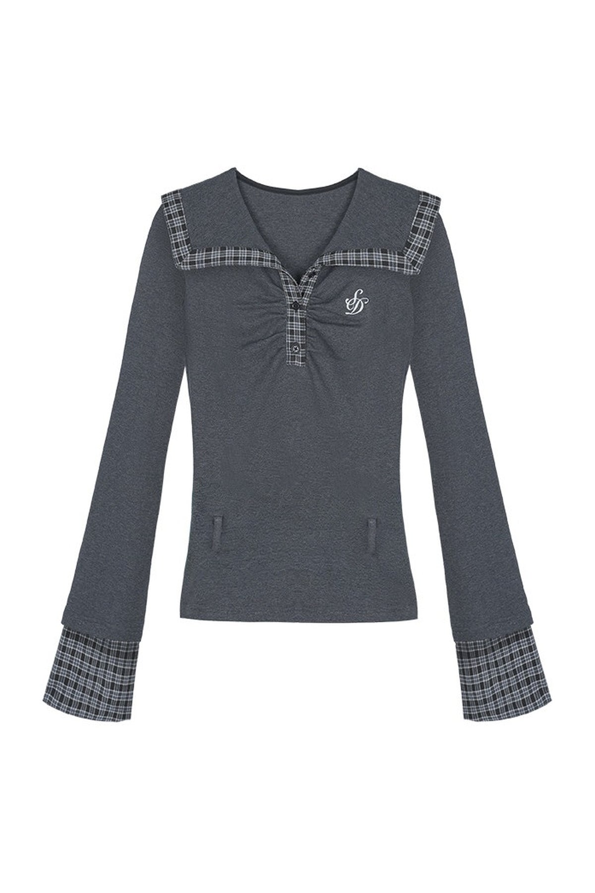 Gray Large Lapel Ruched Patchwork Top