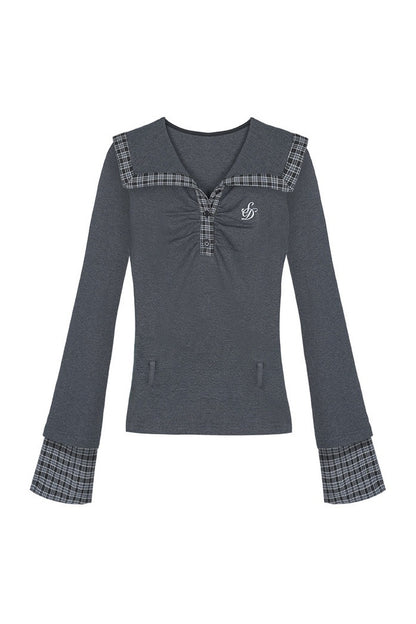 Gray Large Lapel Ruched Patchwork Top