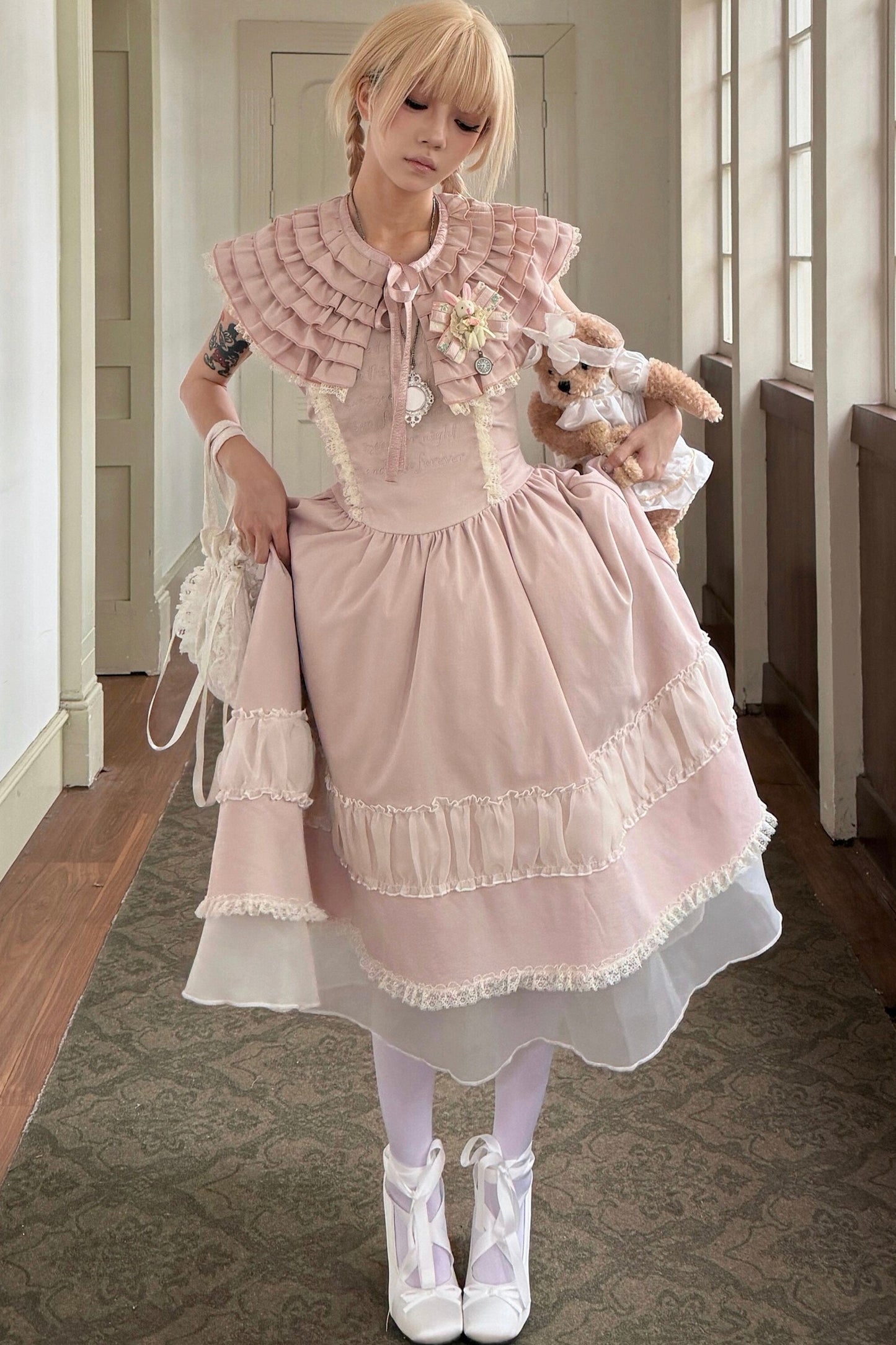 Pink Lace Embroidered Dress Set-Up