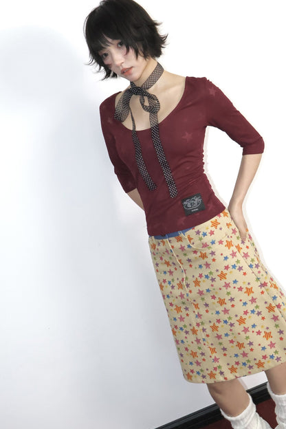 Star Print Mid-Waist A-Line Skirt