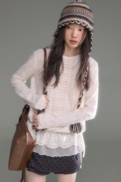 Plaid Lace Long Sleeve T-Shirt Skirt Set-Up