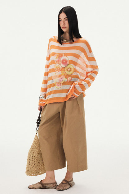 Gestreifte Bluse mit Fruchtprint und asymmetrischer Schulter