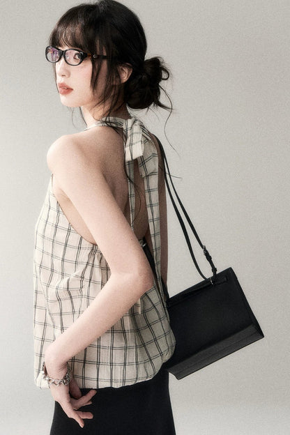 Textured Cotton Plaid Halter Camisole