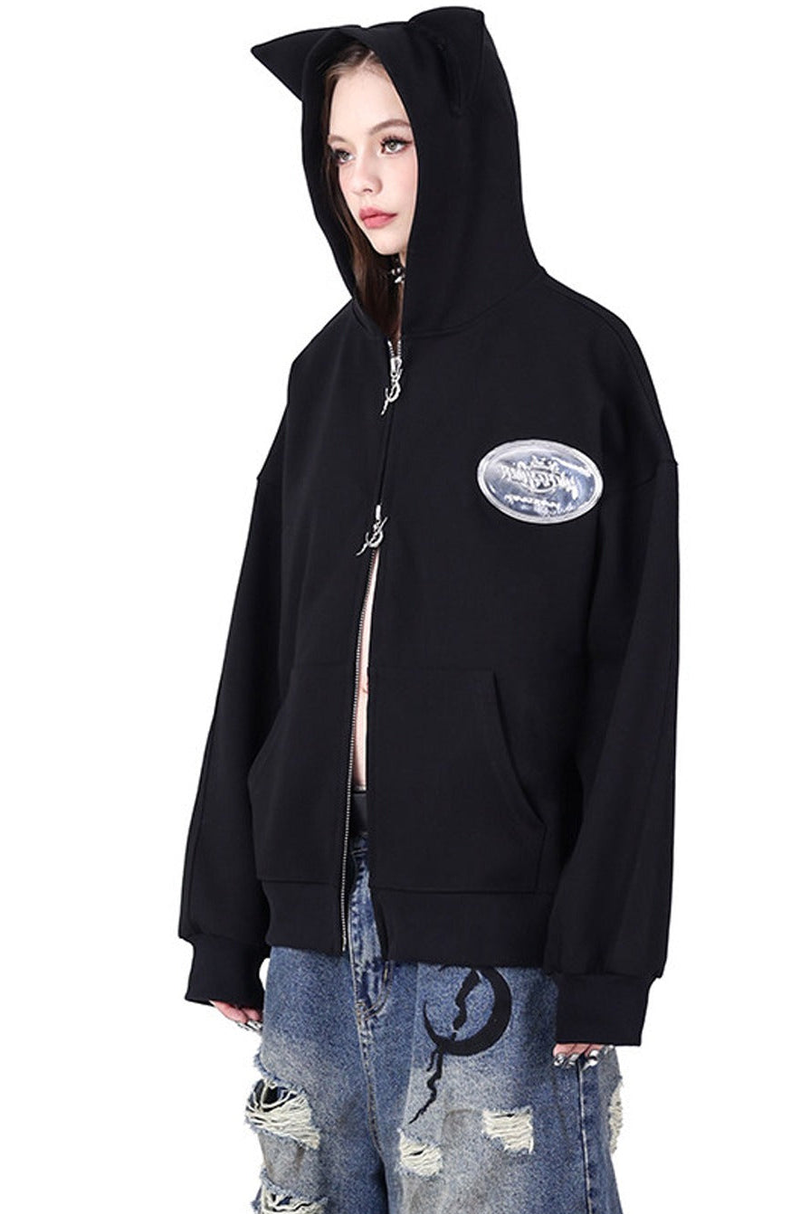 Cat Ear Double Zipper Hooded Jacket